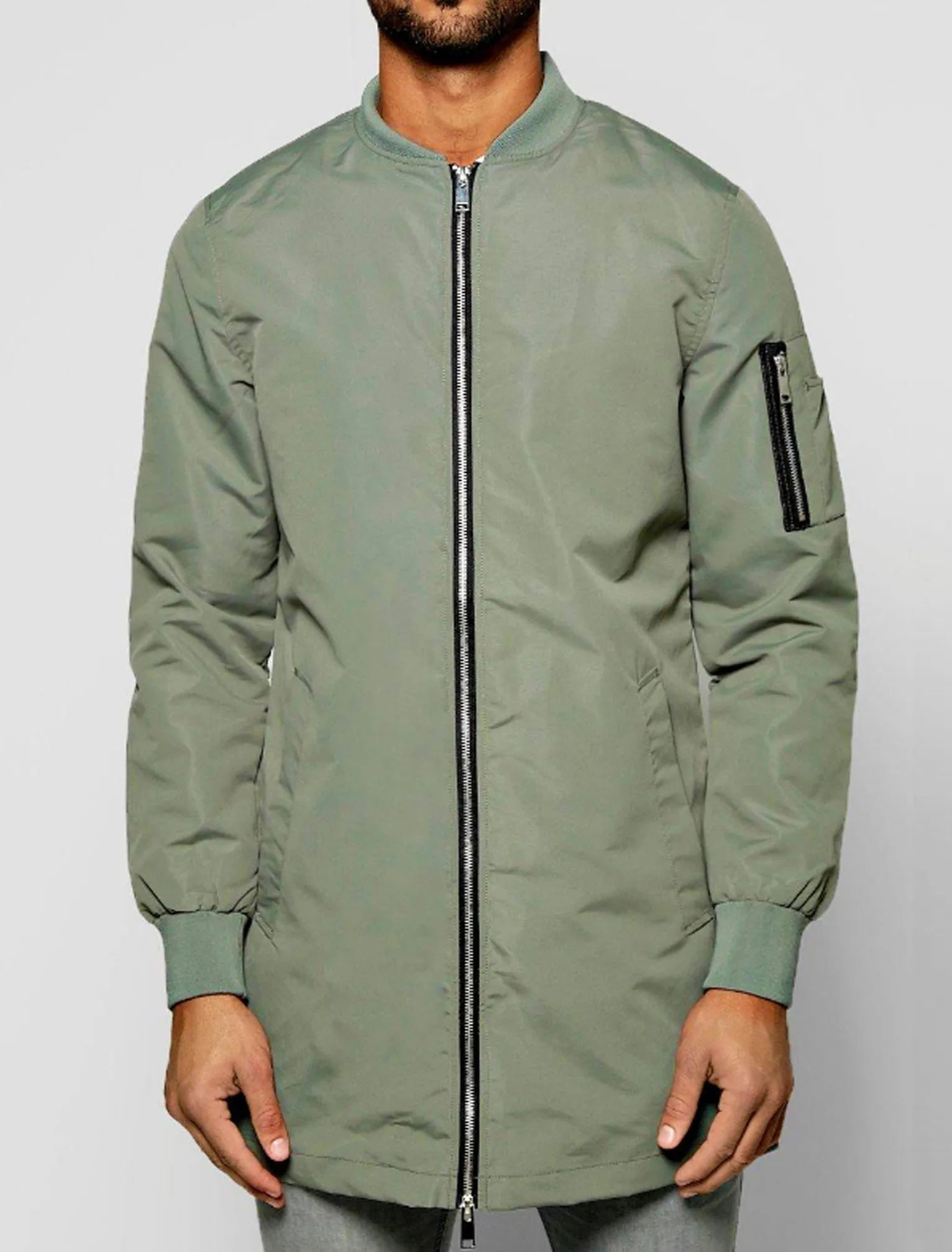 Mens Aiden Longline Bomber Jacket in Sage Green