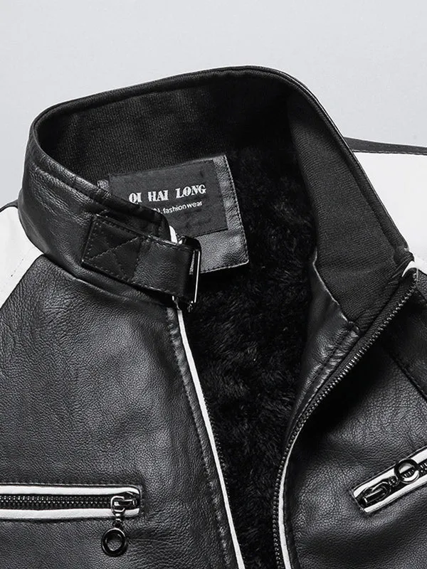 Men's Colorblock Stand Collar Leather Motorcycle Jacket