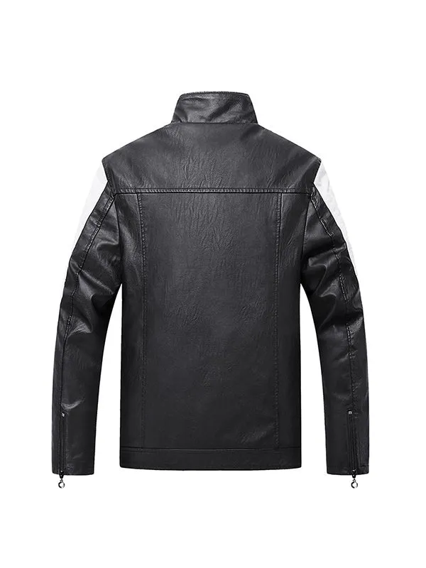 Men's Colorblock Stand Collar Leather Motorcycle Jacket