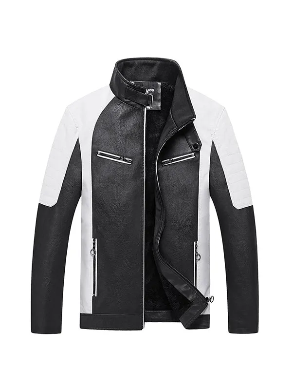 Men's Colorblock Stand Collar Leather Motorcycle Jacket