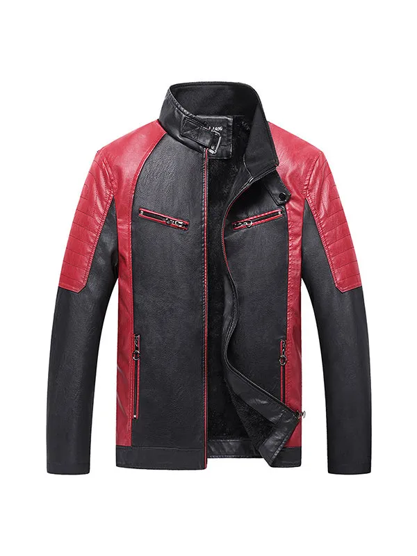 Men's Colorblock Stand Collar Leather Motorcycle Jacket