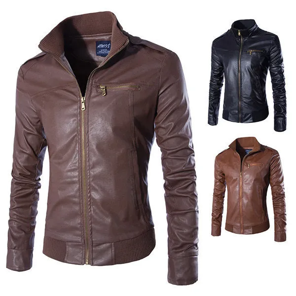 Mens Stand Collar PU Leather Jackets