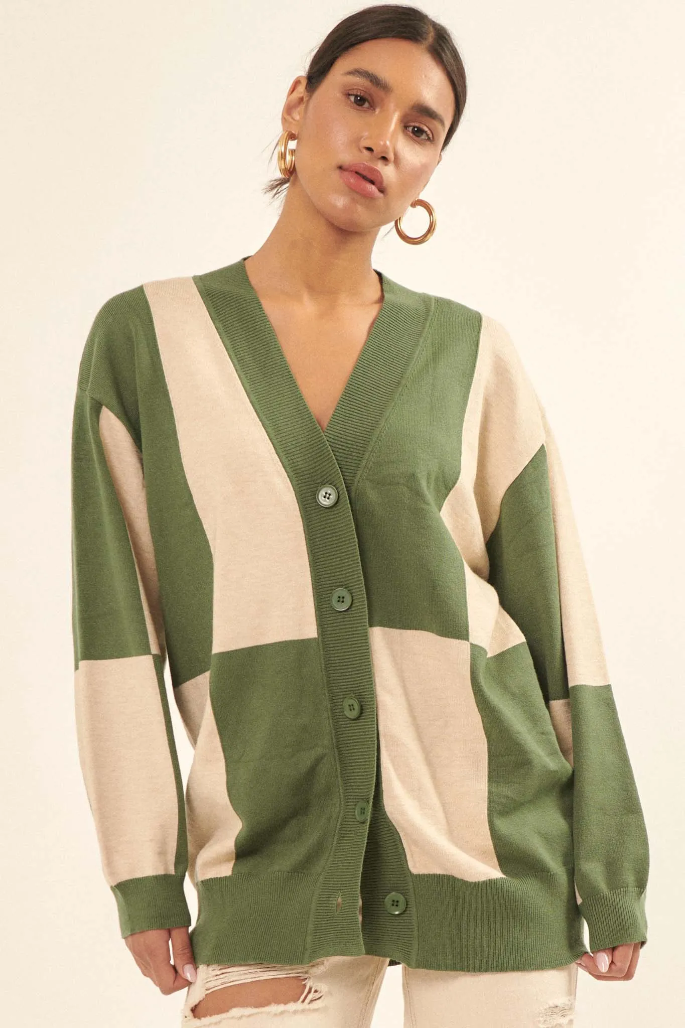 Modern Icon Colorblock Button-Front Cardigan