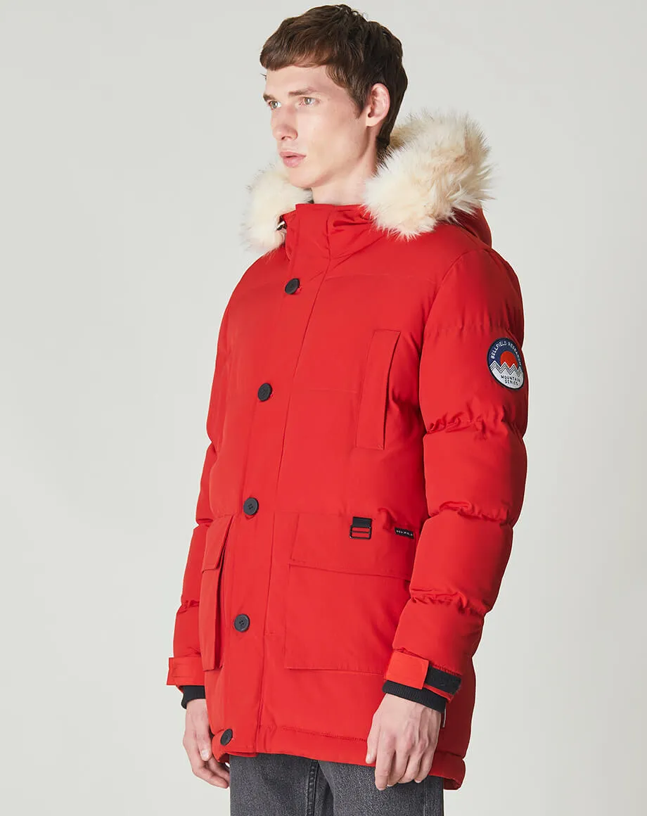 NAMRU FUR TRIM OVERSIZED MENS MOUNTAIN PARKA JACKET | TOMATO