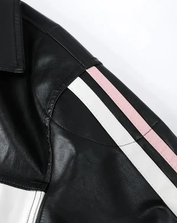 Pink Bow Black Faux Leather Jacket