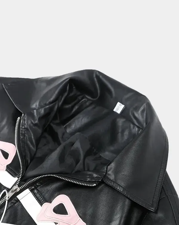 Pink Bow Black Faux Leather Jacket