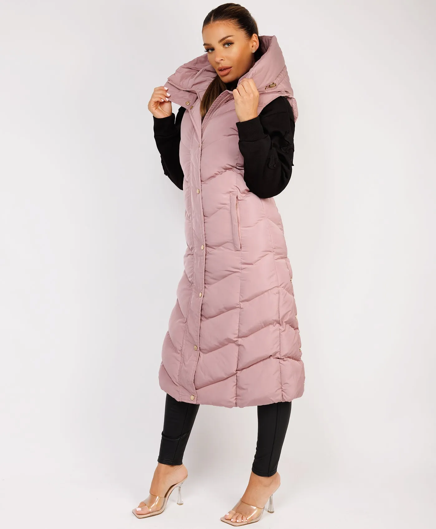 Pink Longline Chevron Padded Gilet Bodywarmer