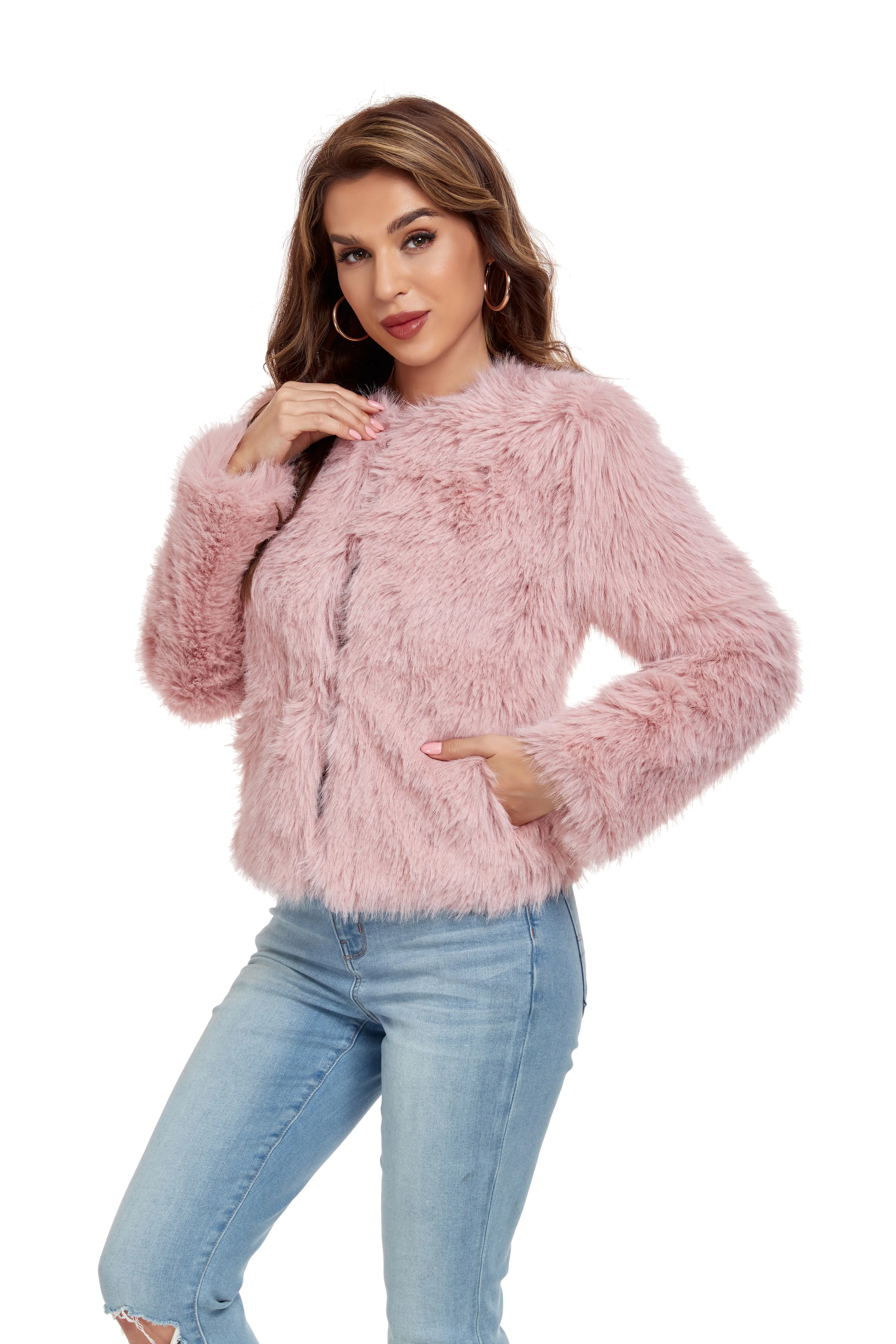 Pink Winter Coats Fleece Cropped Jacket