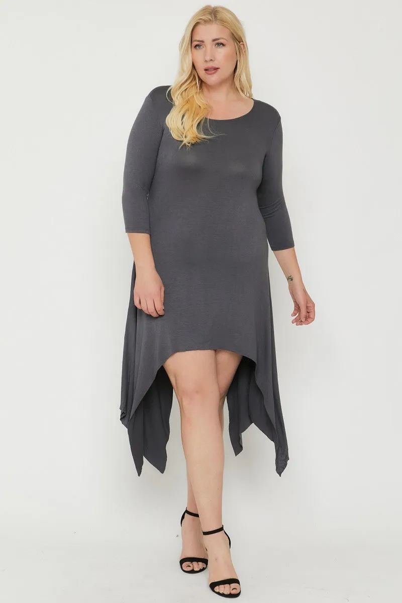 Plus size Grey Asymmetrical Raw Edge Hem Solid Dress