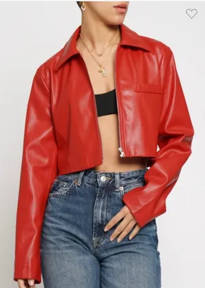 PU Leather Crop Zip up Jacket in Red