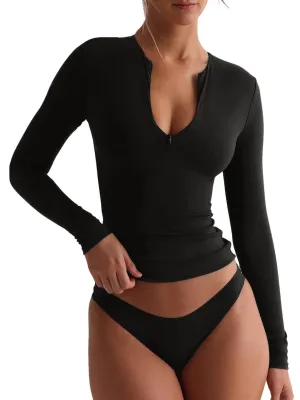 Quarter Zip Sexy V Neck Long Sleeve Cropped Top