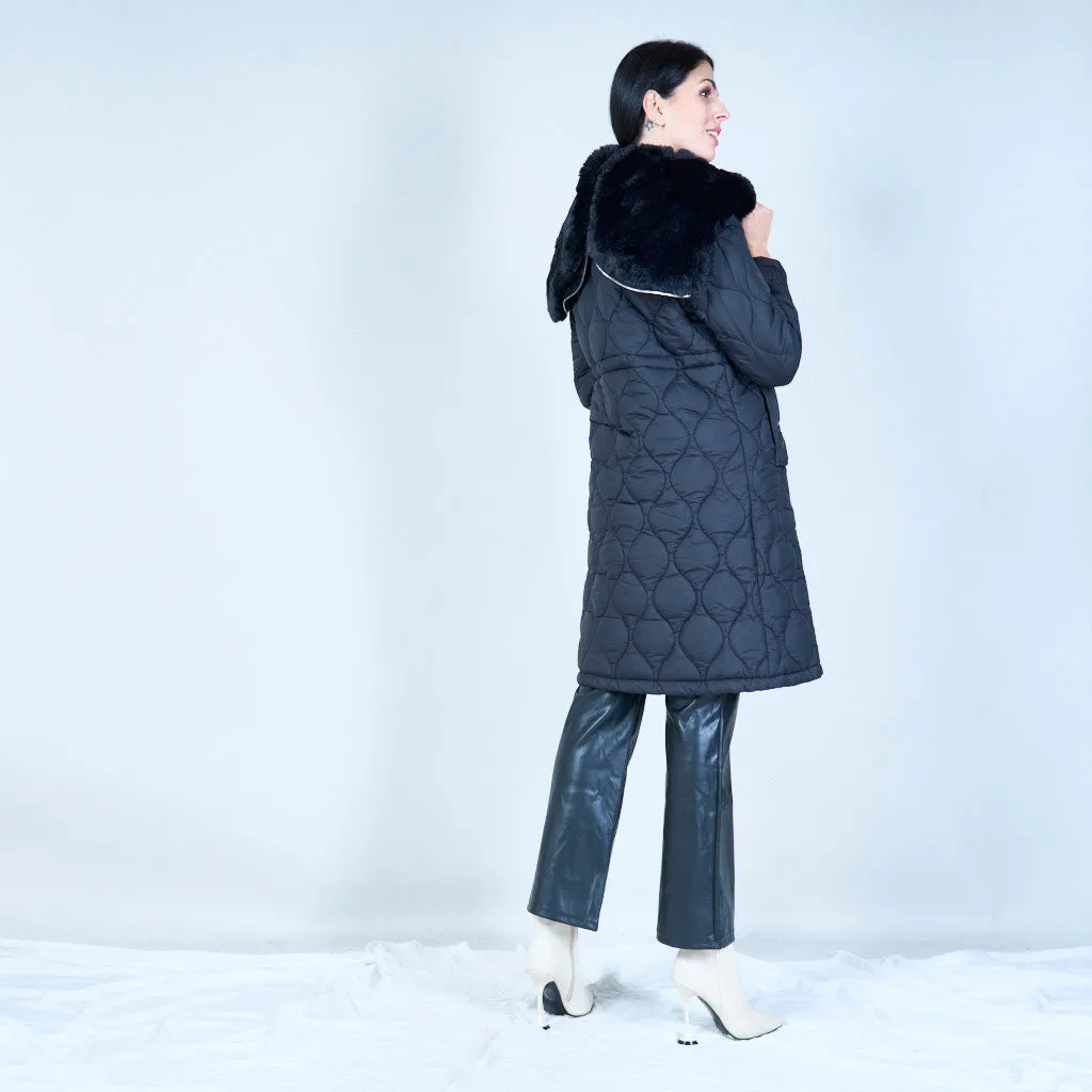 Quilted coat with faux fur hood wholesale