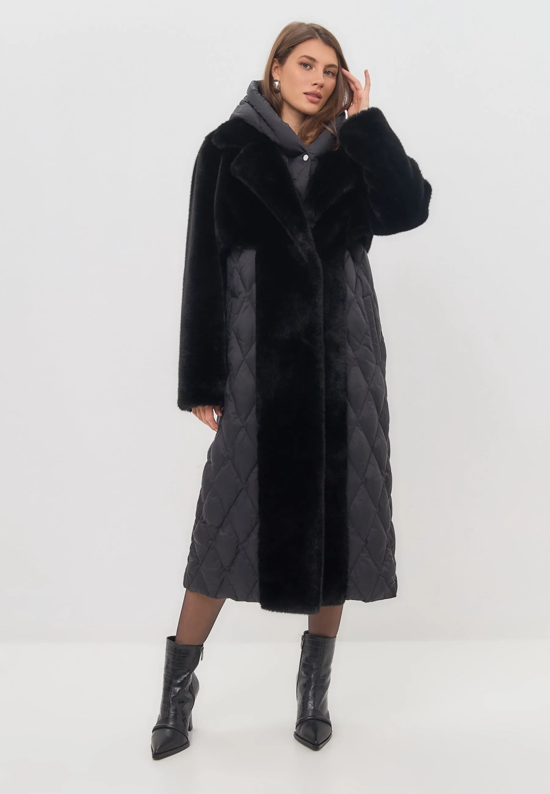 Quilted Faux Fur Black Coat for Women with Belt | Chic Winter Outerwear