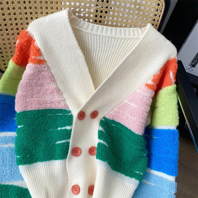 Rainbow Stripe Button-Up Cardigan