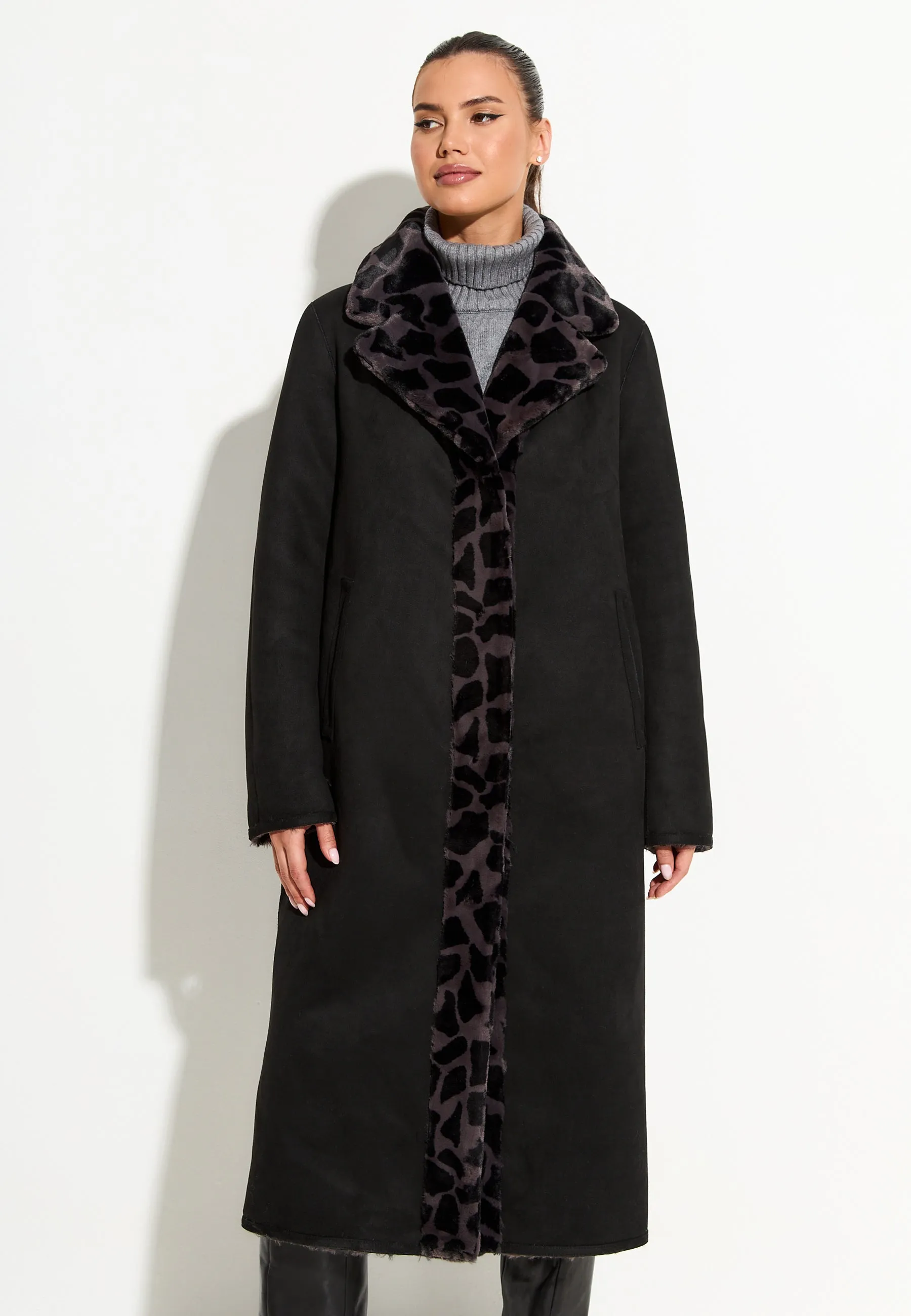 Reversible Animal Print Faux Fur Coat Pantera - Black