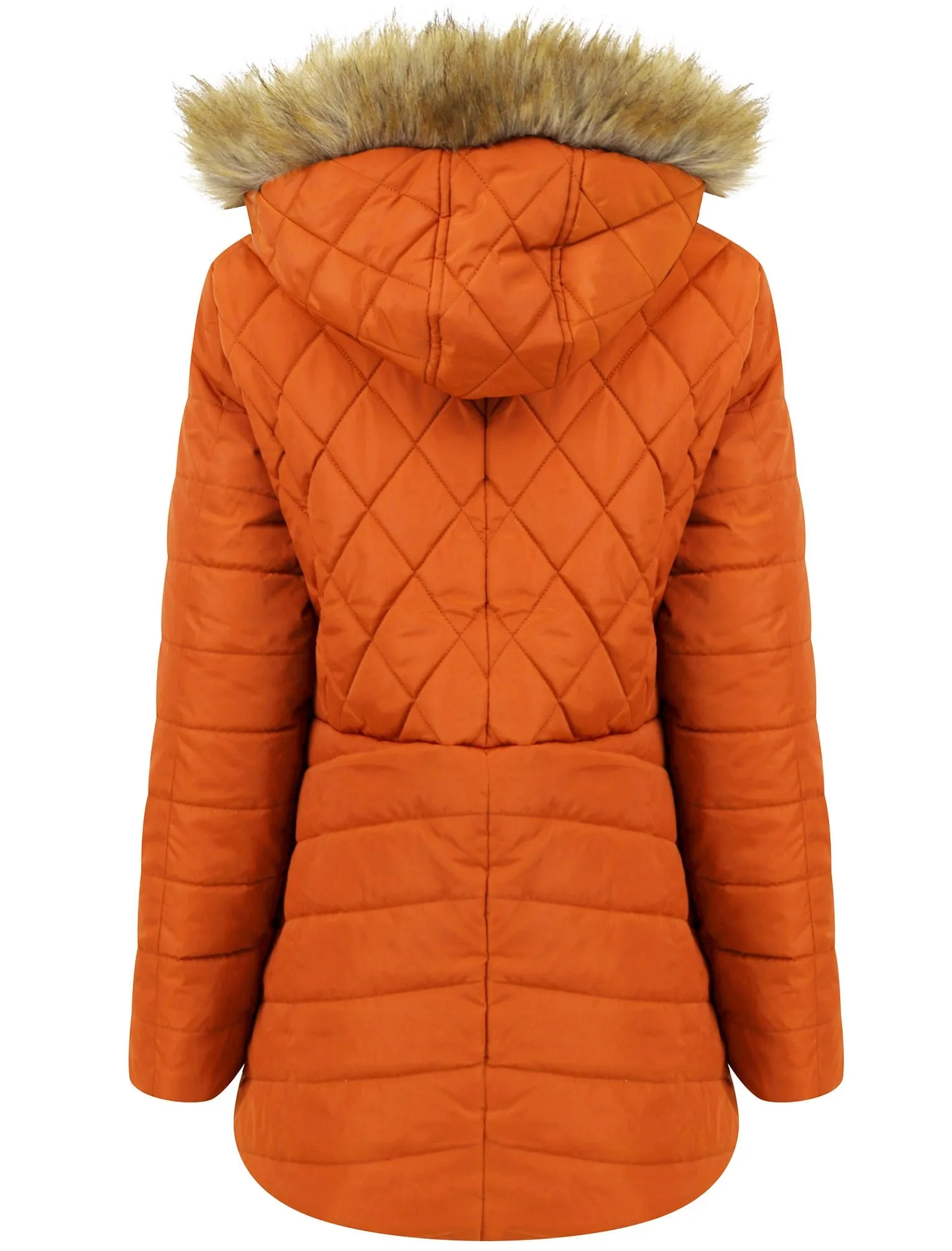 Rigel Longline Quilted Puffer Coat with Faux Fur Trim Hood in Cinnamon Stick - Tokyo Laundry