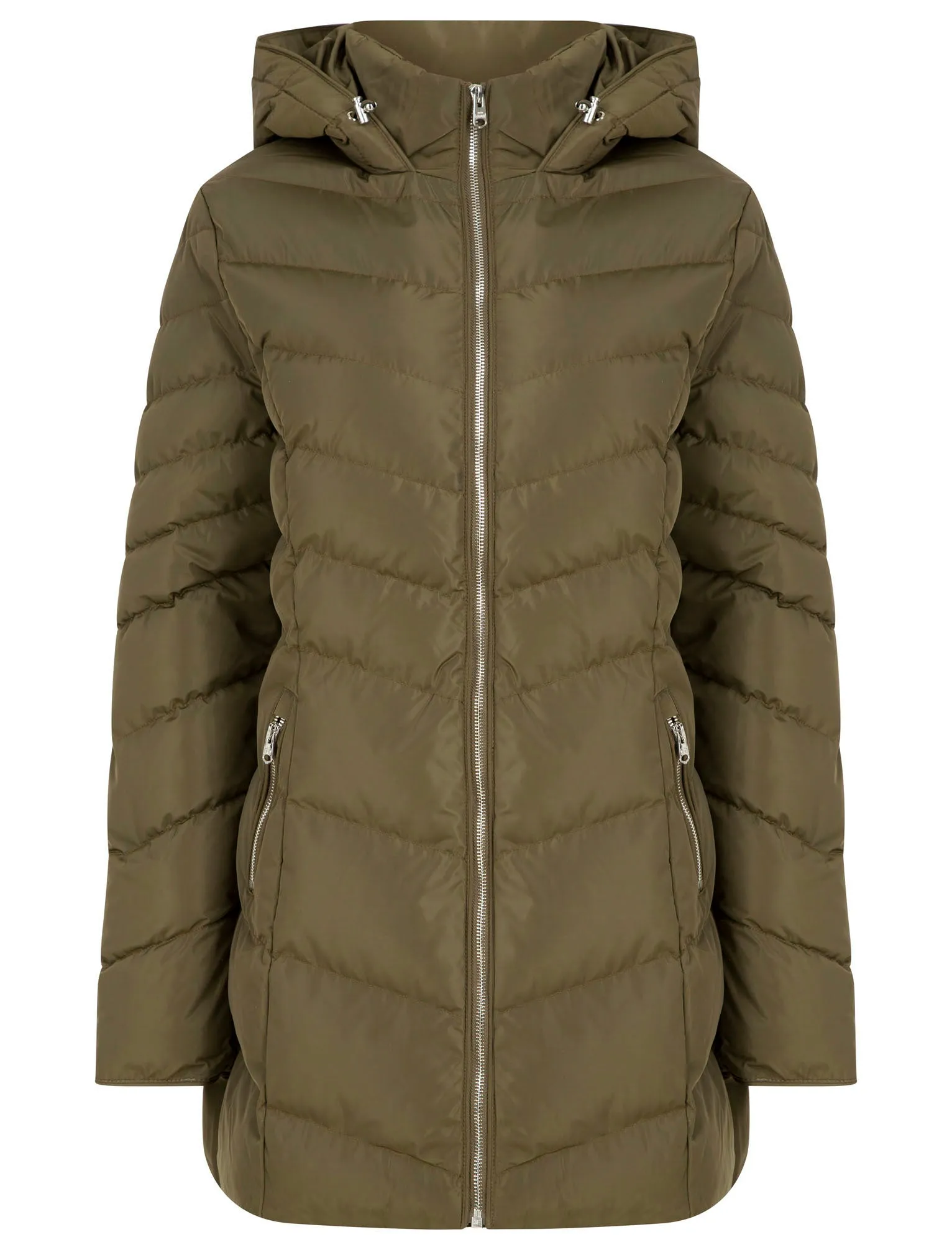 Safflower 2 Longline Quilted Puffer Coat with Hood In Khaki - Tokyo Laundry