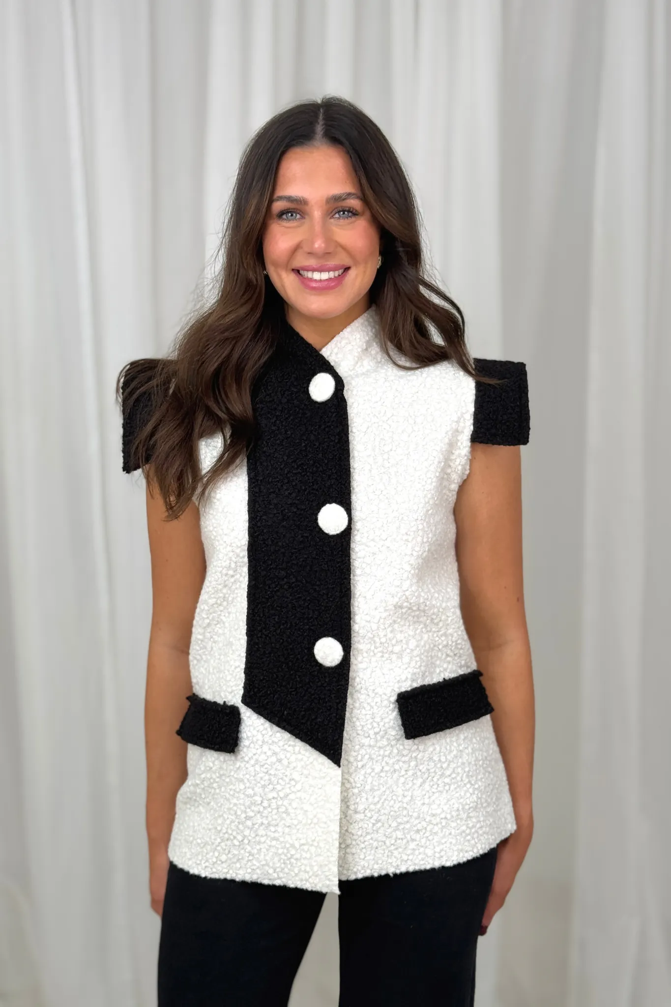 Sienna Textured Longline Waistcoat In Monochrome