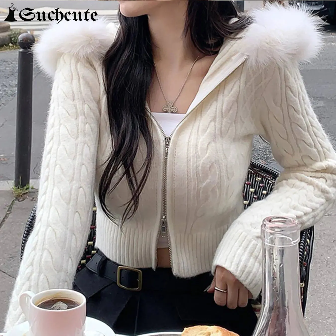 SUCHCUTE Beige Furry Trim Hooded Cropped Cardigan Coat