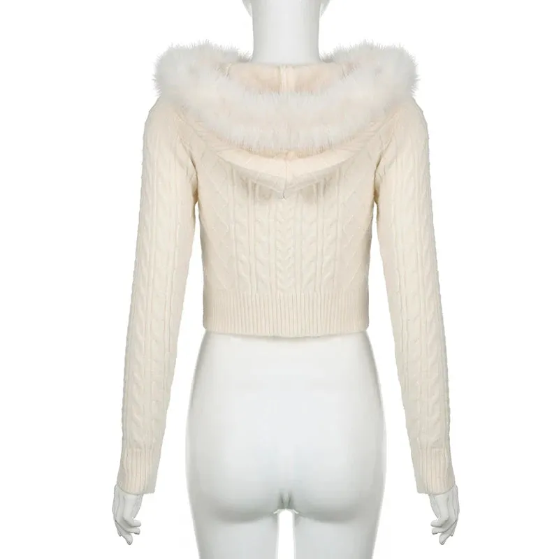 SUCHCUTE Beige Furry Trim Hooded Cropped Cardigan Coat