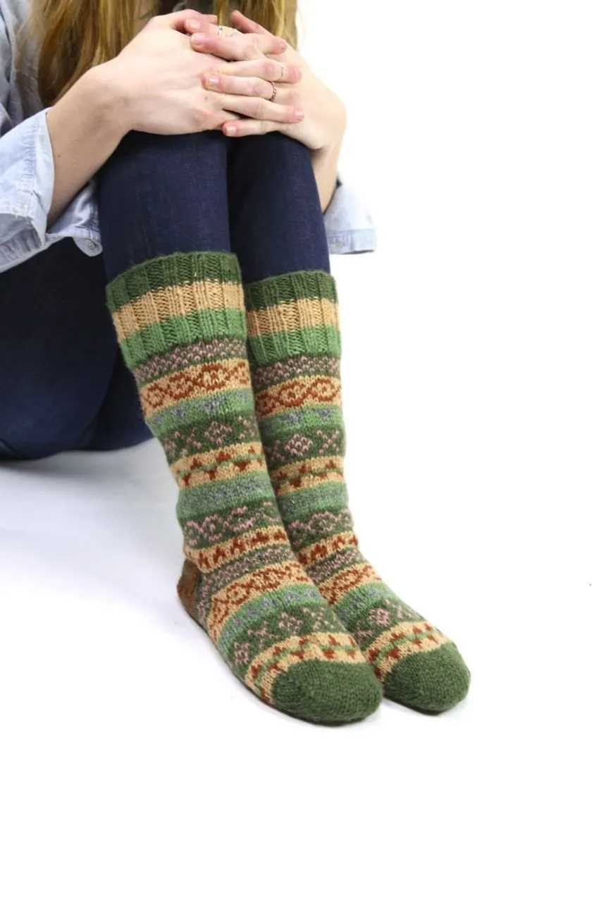 Tan/Green Wool Slipper Socks