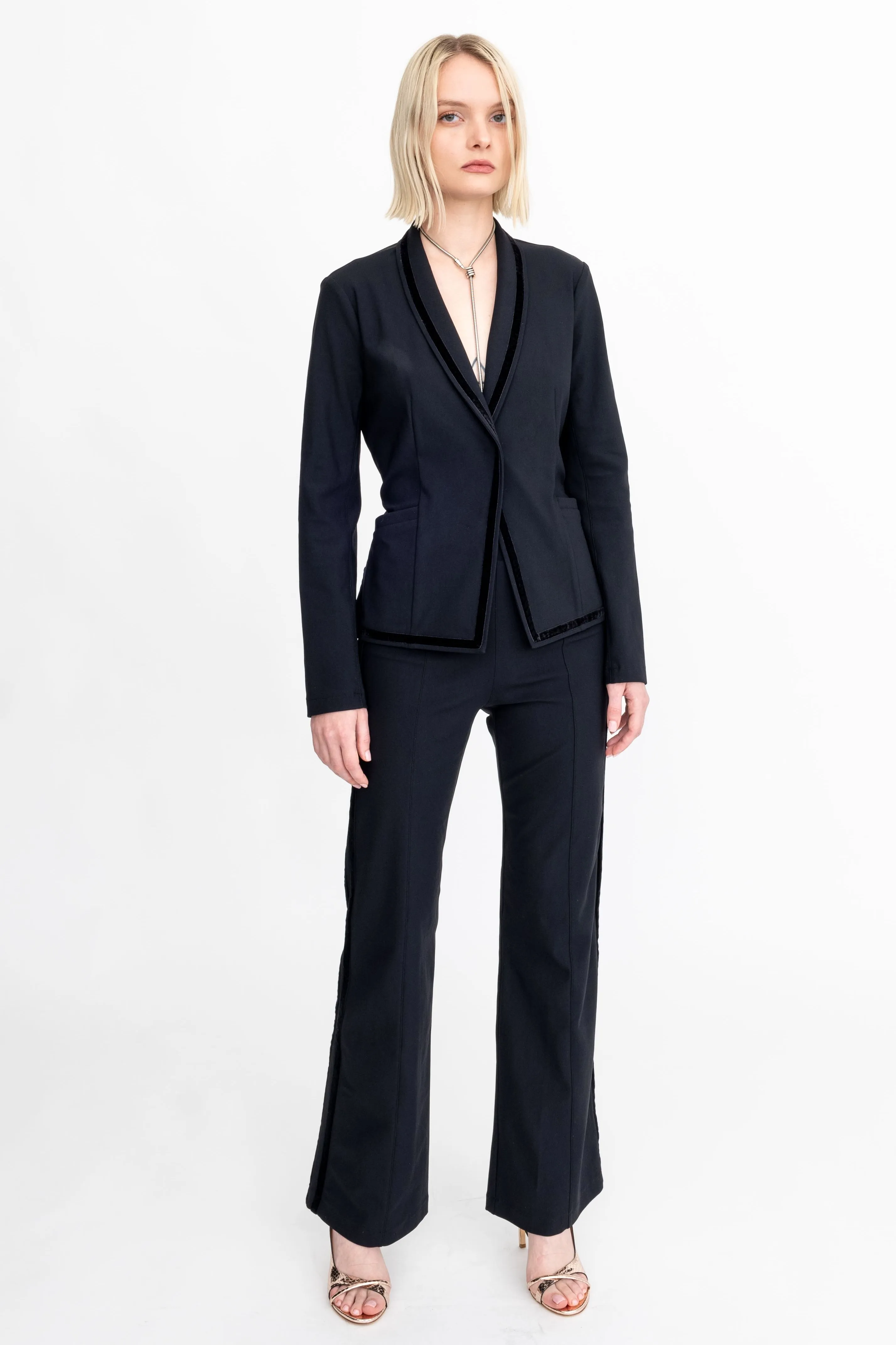 Tech Stretch Shawl Collar Short Blazer with Velvet Stripe - ARLETTE H24