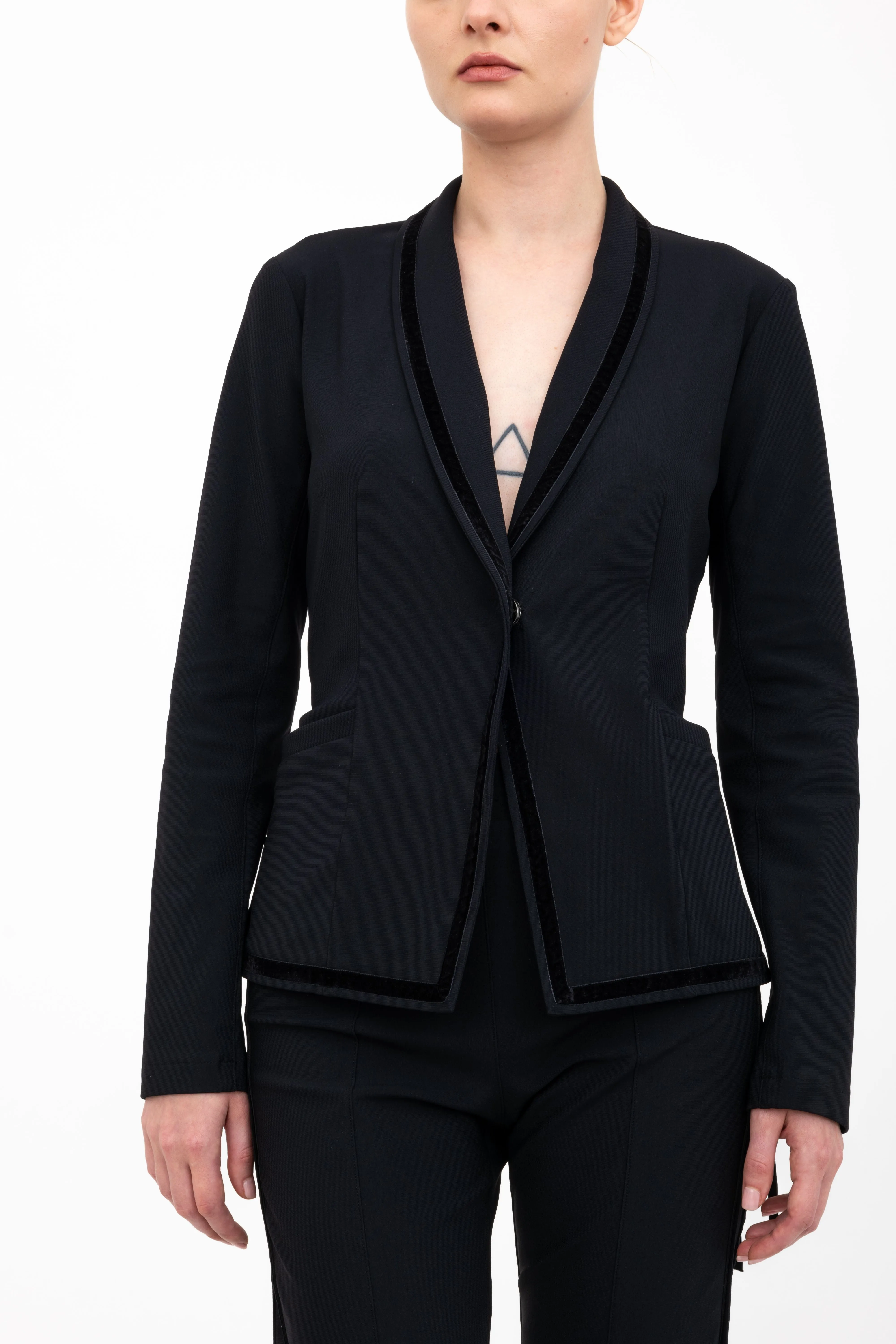 Tech Stretch Shawl Collar Short Blazer with Velvet Stripe - ARLETTE H24