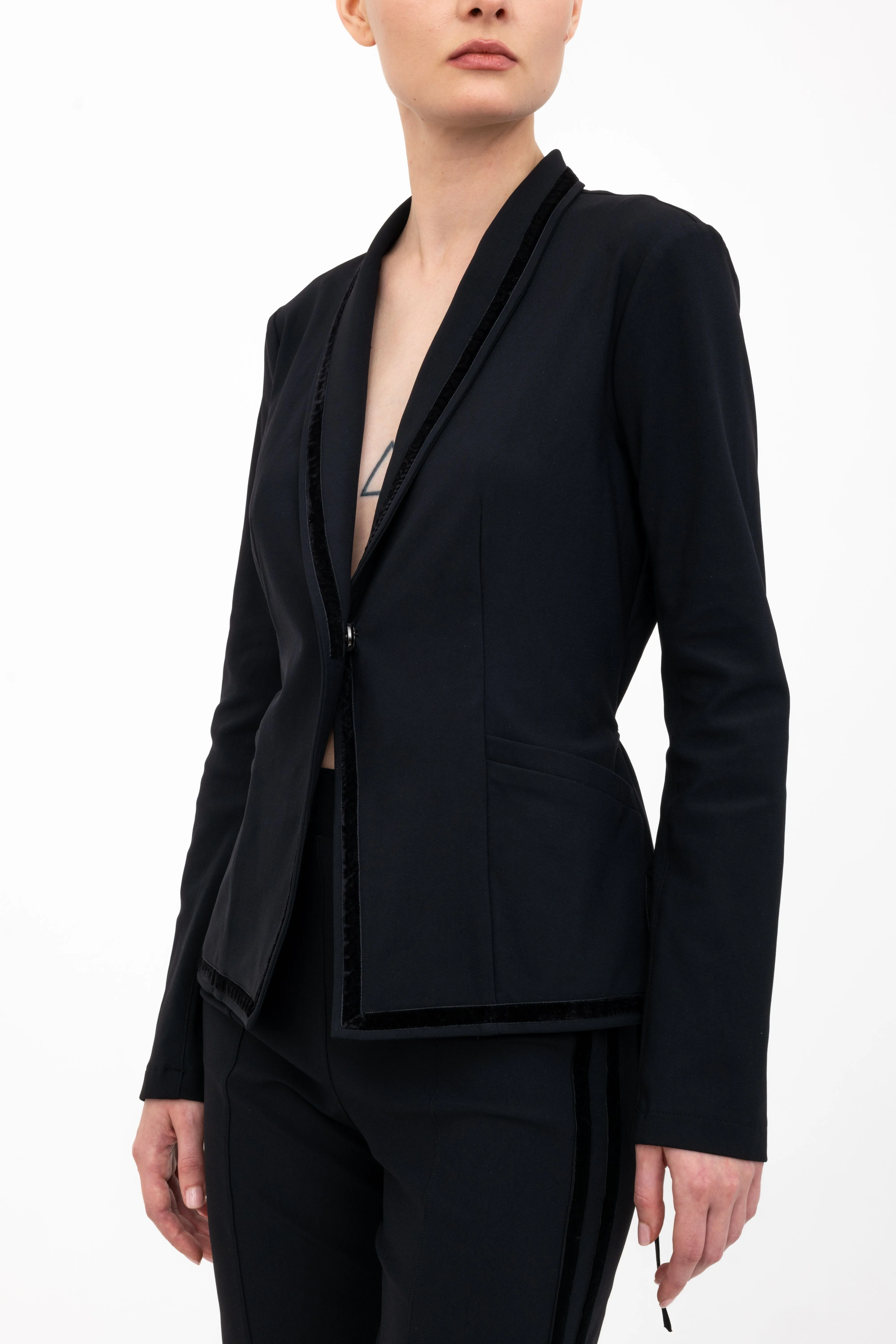 Tech Stretch Shawl Collar Short Blazer with Velvet Stripe - ARLETTE H24