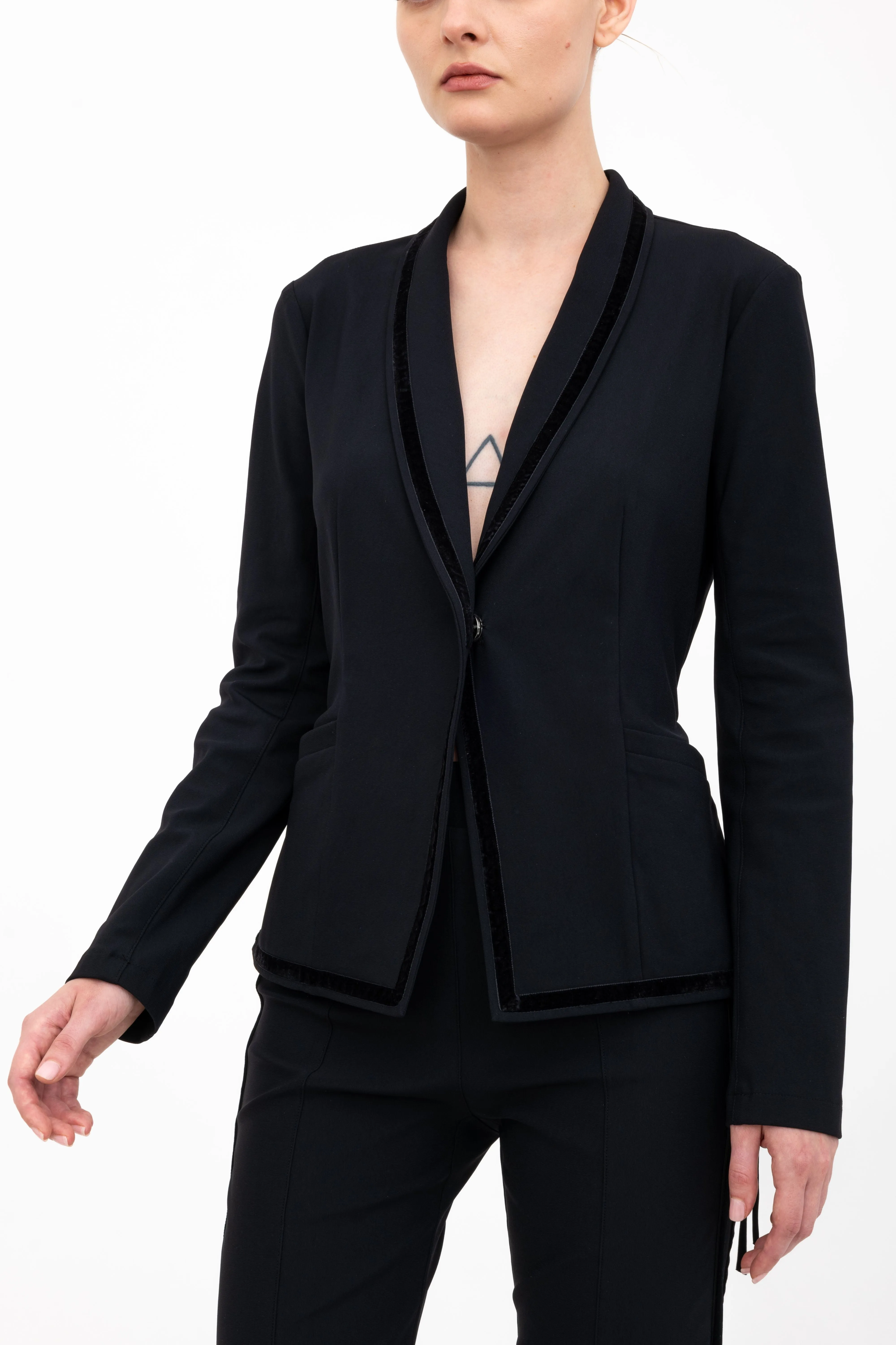 Tech Stretch Shawl Collar Short Blazer with Velvet Stripe - ARLETTE H24