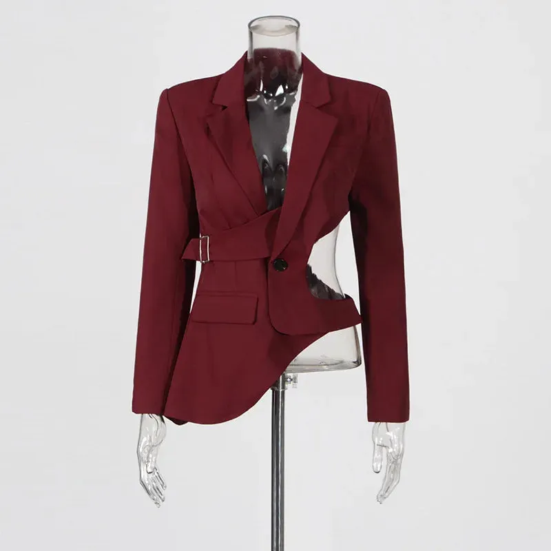 Trend4us Asymmetrical Cutout Belted Blazer