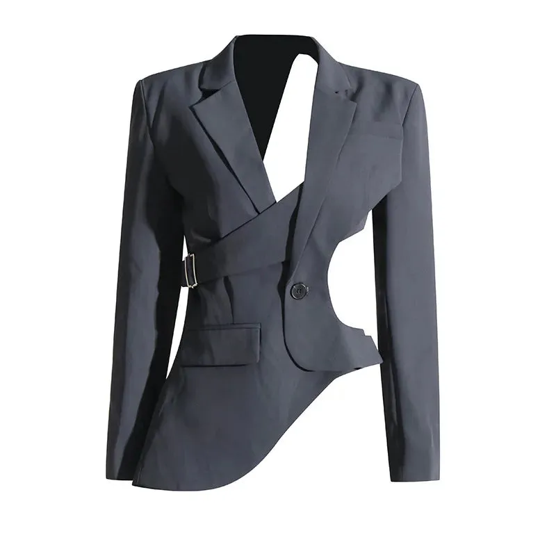 Trend4us Asymmetrical Cutout Belted Blazer