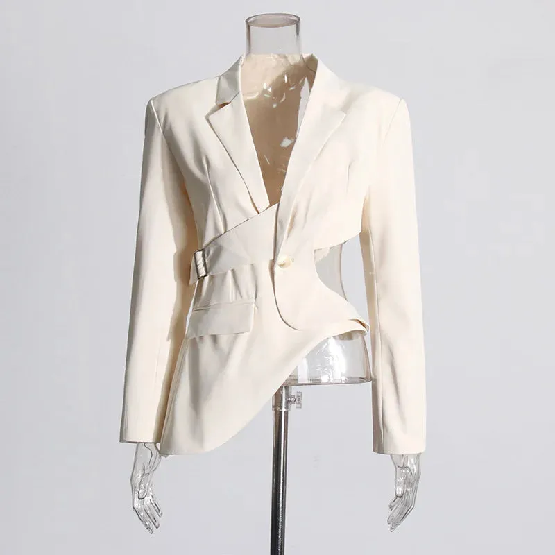 Trend4us Asymmetrical Cutout Belted Blazer