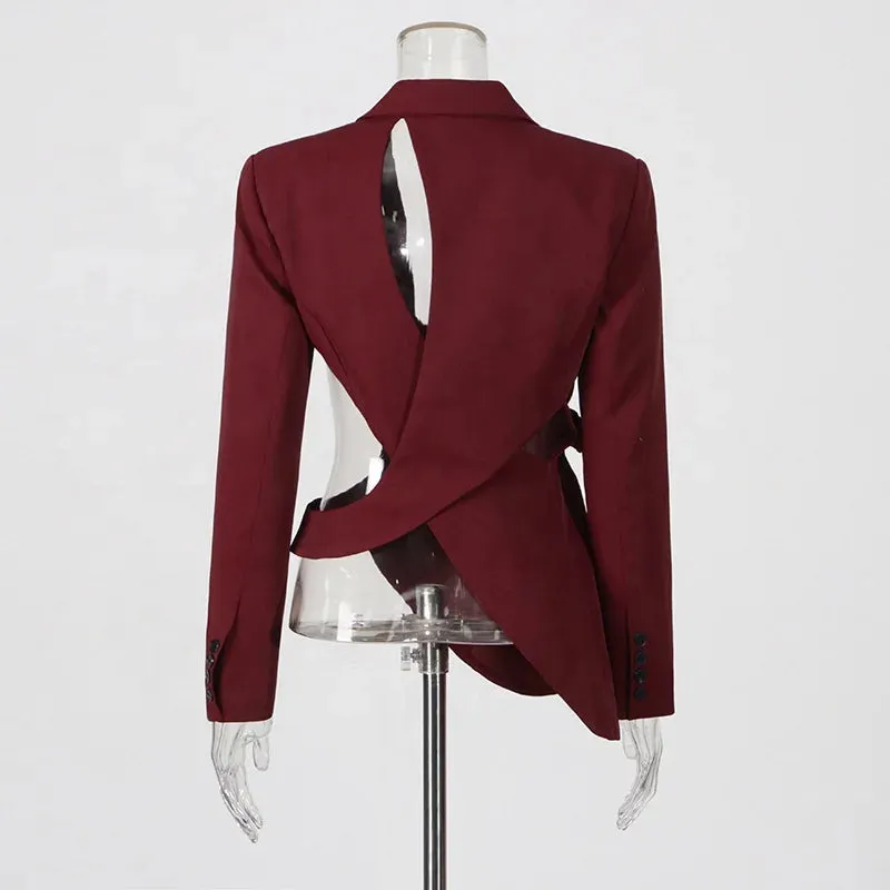 Trend4us Asymmetrical Cutout Belted Blazer