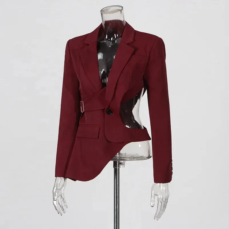 Trend4us Asymmetrical Cutout Belted Blazer