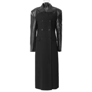 Trend4us Leather-Panel Double-Breasted Longline Coat