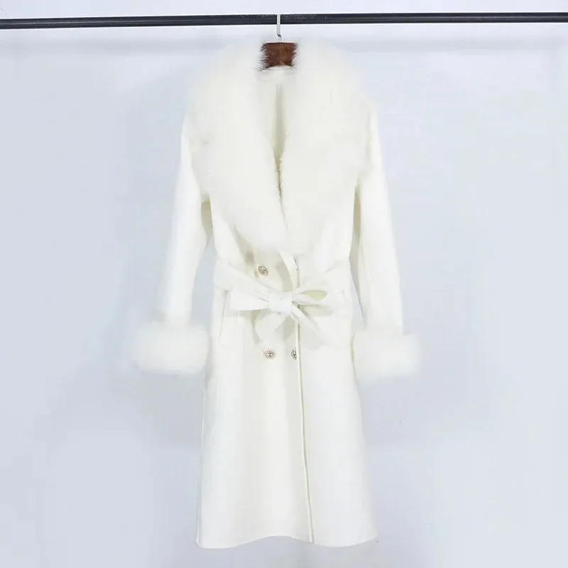 Trend4us Women's Belted Wool Coat with Faux Fur