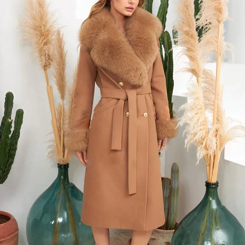 Trend4us Women's Belted Wool Coat with Faux Fur