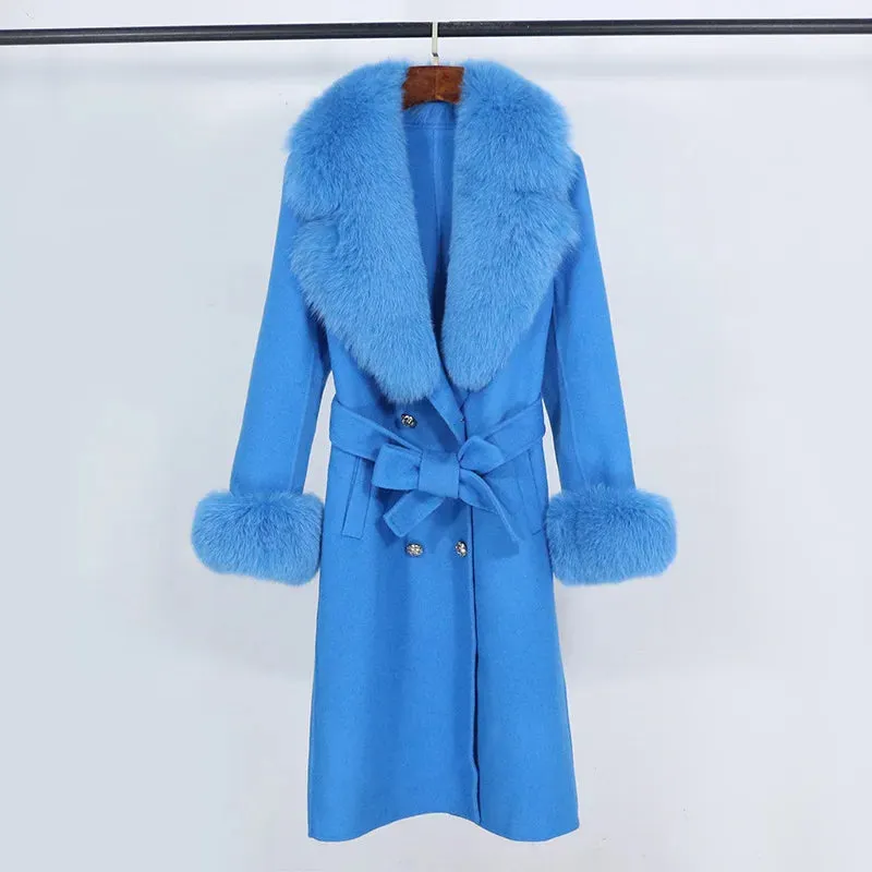 Trend4us Women's Belted Wool Coat with Faux Fur