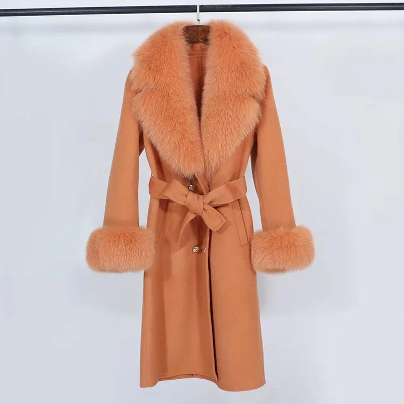 Trend4us Women's Belted Wool Coat with Faux Fur