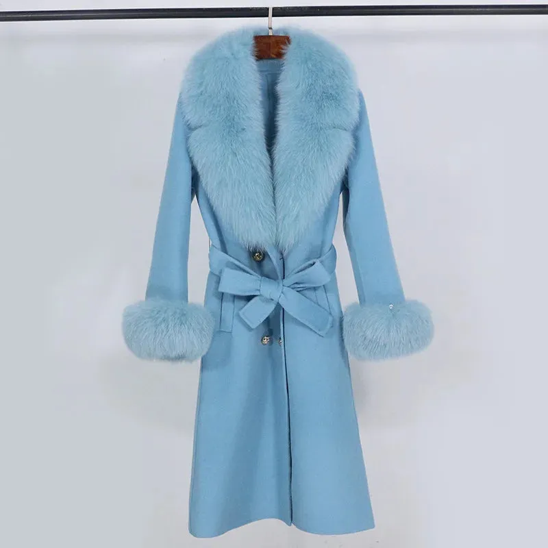 Trend4us Women's Belted Wool Coat with Faux Fur