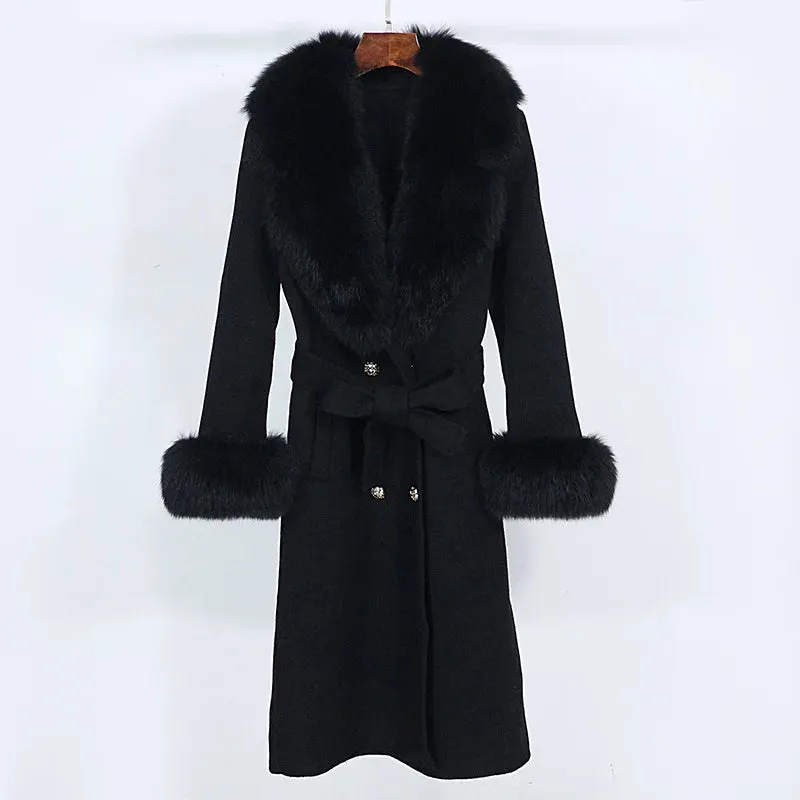 Trend4us Women's Belted Wool Coat with Faux Fur