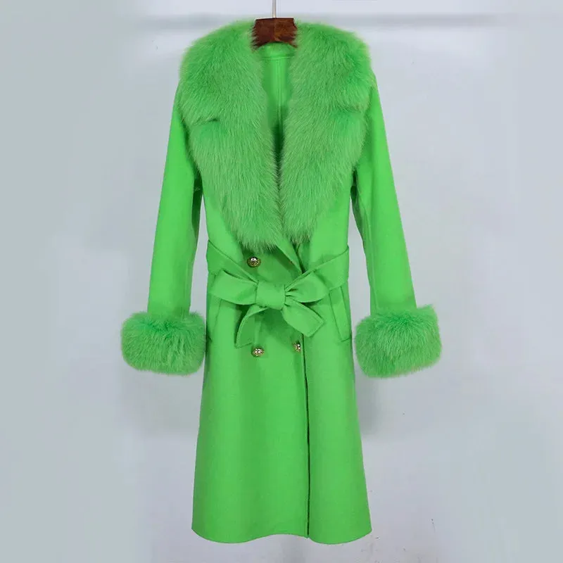 Trend4us Women's Belted Wool Coat with Faux Fur