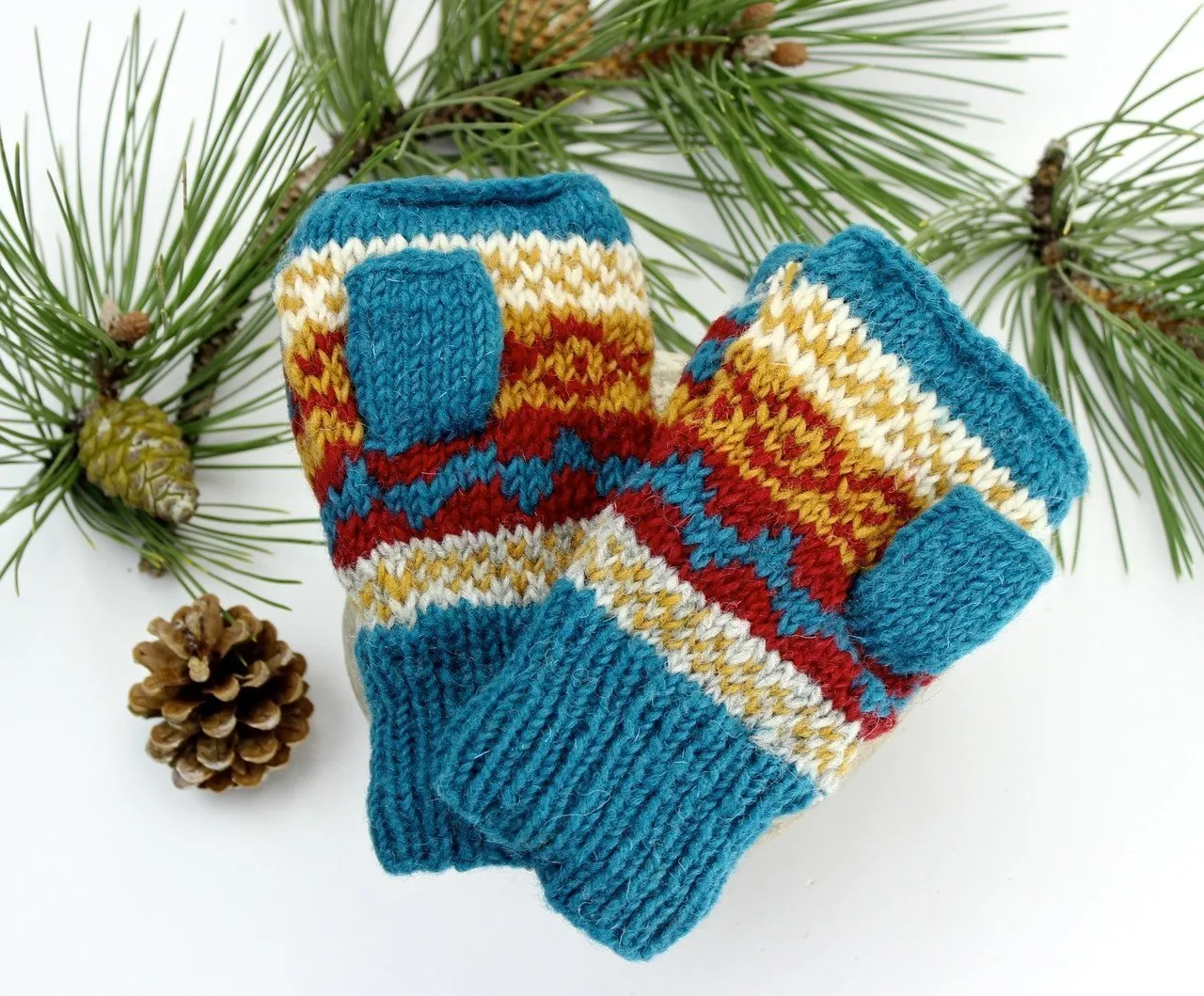 Turquoise/Multi Wool Convertible Mittens