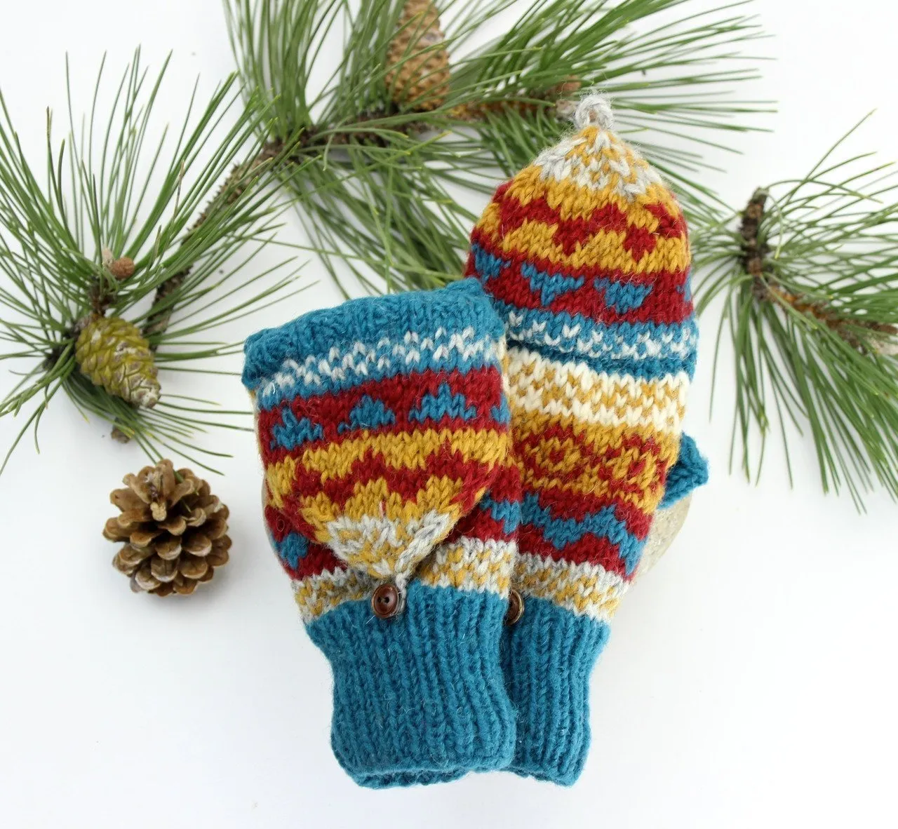 Turquoise/Multi Wool Convertible Mittens