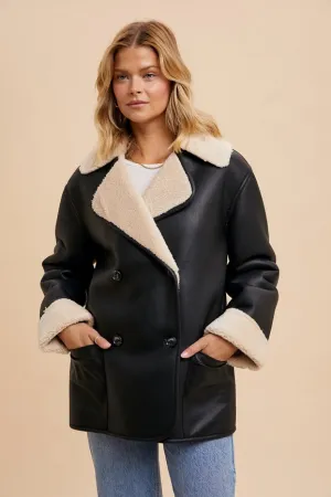 Vegan Faux Leather Shearling Coat BLACK