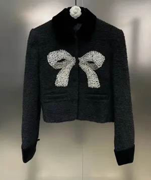 Velvet Lapel Diamond Studded Bow Short Jacket