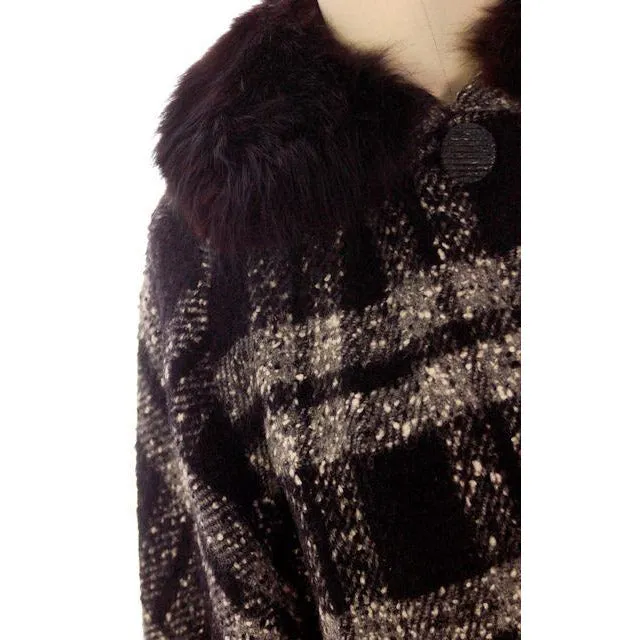 Vintage Car Coat Black & White Mohair Tweed Fur Collar 1950s up to 46" Bust