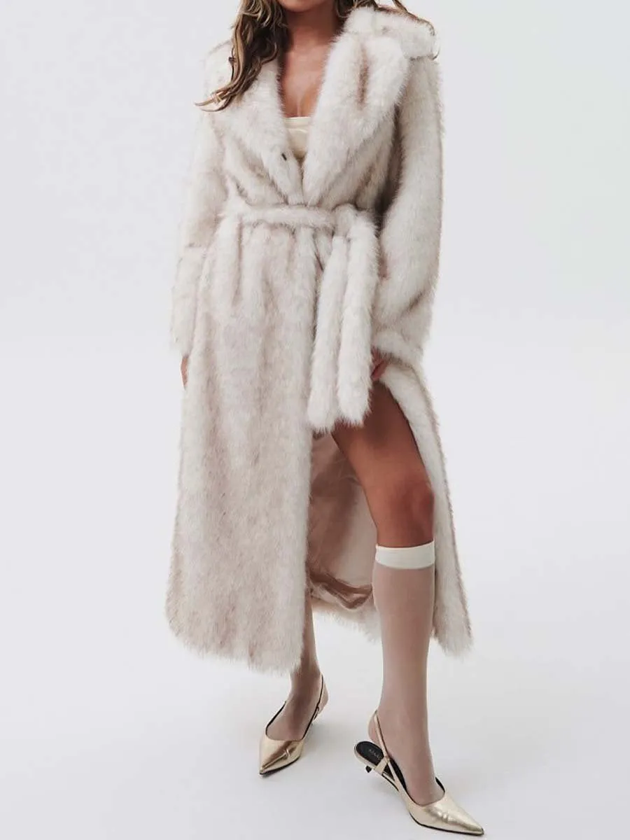 Wide Lapel Faux Fur Long Coat