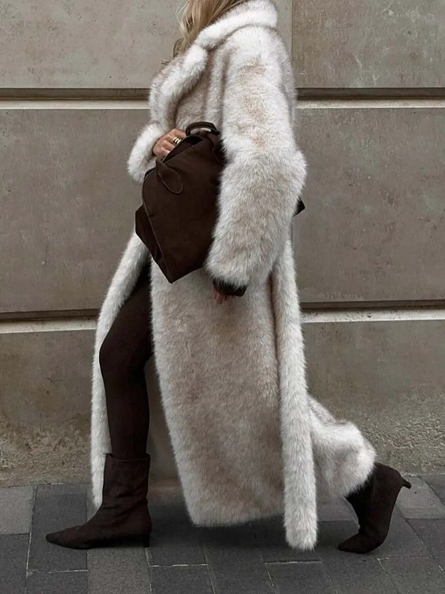 Wide Lapel Faux Fur Long Coat