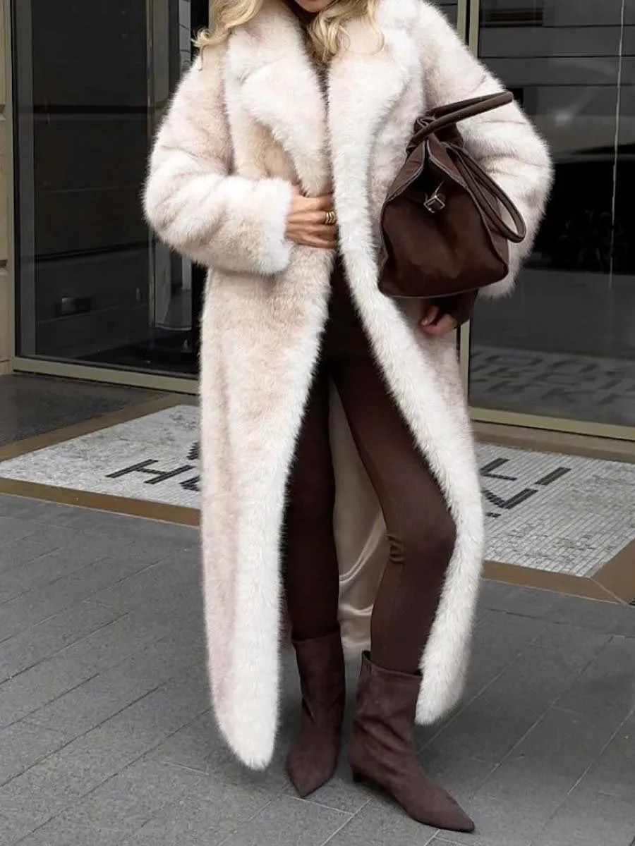 Wide Lapel Faux Fur Long Coat